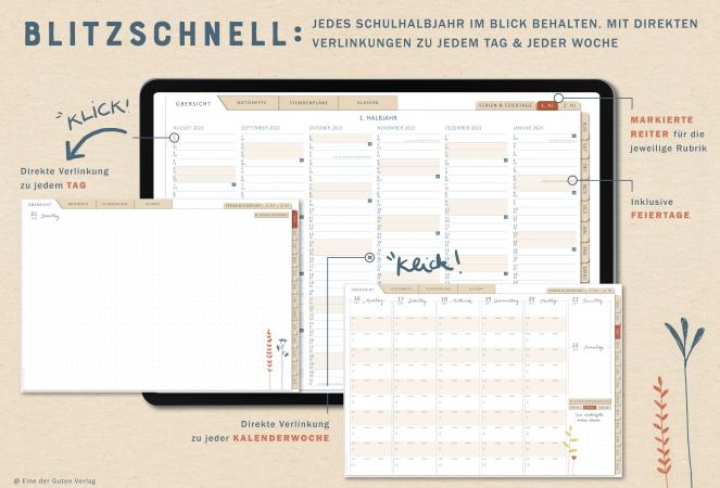 Schulhalbjahre in der Übersicht mit Verlinkung zu den Kalenderwochen, Jahresübersicht Lehrerplaner für Schuljahr 2023 2024, Terminkalender zum Download
