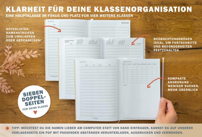 Lehrerkalender für Schuljahr 2025 2026, creme blau rot gelb, mit Stundenplan, Klassenlisten, Kontaktlisten, Beobachtungsbögen, Vertretungsstunden, u.v.m.