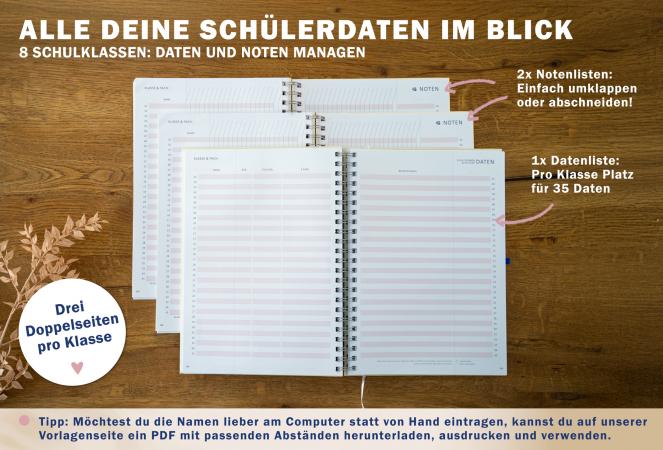 Lehrerkalender für Schuljahr 2025 2026, gelb blau, mit Stundenplan, Klassenlisten, Kontaktlisten, Klassenarbeiten Planung, Vertretungsstunden, u.v.m.