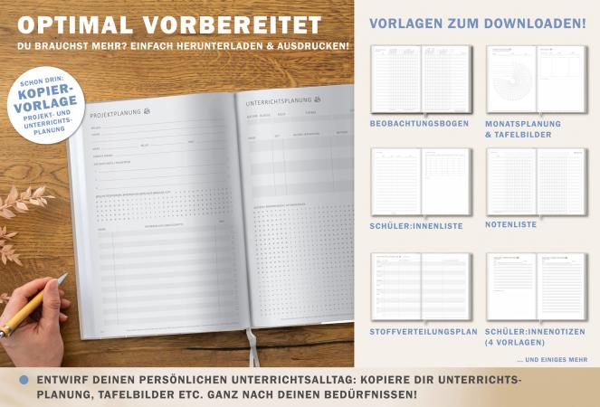 Lehrerkalender für Schuljahr 2025 2026, hell-grau weiß blau gelb, mit Stundenplan, Klassenlisten, Kontaktlisten, Beobachtungsbögen, Vertretungsstunden, u.v.m.