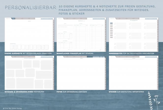 Digitaler Studienkalender für Semester 2022 2023 zum Download, individuell gestaltbar, mit Stundenplan, Raumplan, Klausurliste, Notenliste, Kontaktlisten, u.v.m.