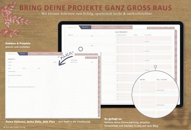 Download Terminkalender für 2023, mit Projektplaner für 7 Projekte und weitere Planungshelfer