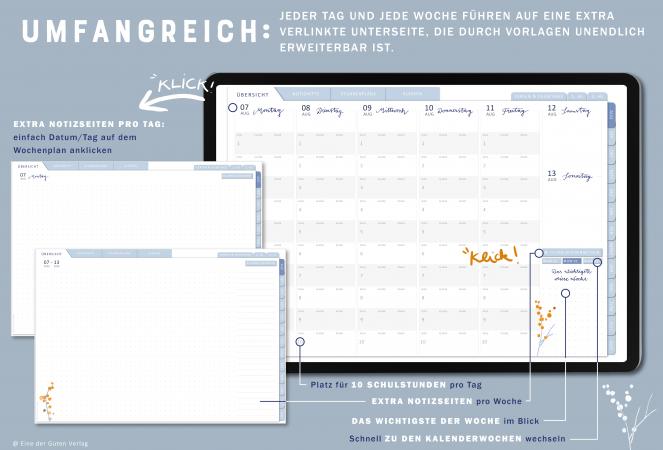 Detailansicht Wochenplanung, digitaler Lehrerkalender 2023 2024 mit extra Notizseiten für jeden Tag und jede Woche