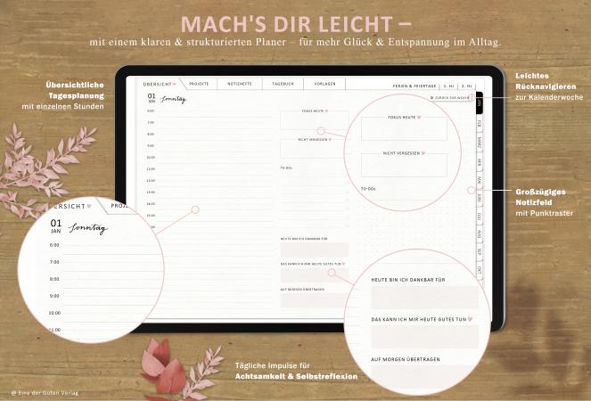 Detailansicht Tagesplanung, digitaler Terminplaner 2023 mit extra Notizseiten für jeden Tag