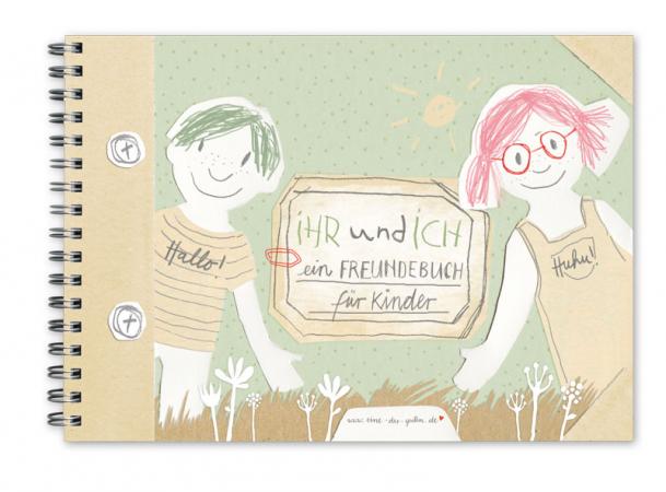 Freundebuch für Kinder - Ihr und ich - A5 Quer, Recyclingpapier, Grün Beige, Eintragbuch als Poesiealbum für Freunde und Erinnerungen