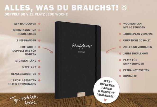 Detailansicht Wochenplanung Lehrerkalender 2025 2026 mit Jahresübersicht, Stundenpläne, Klassenliste, weiß