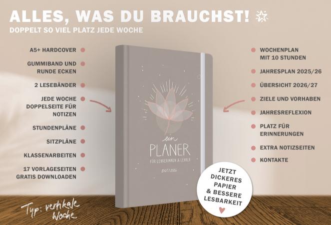 Detailansicht Wochenplanung Lehrerkalender 2025 2026 mit Jahresübersicht, Stundenpläne, Klassenliste, grau beige