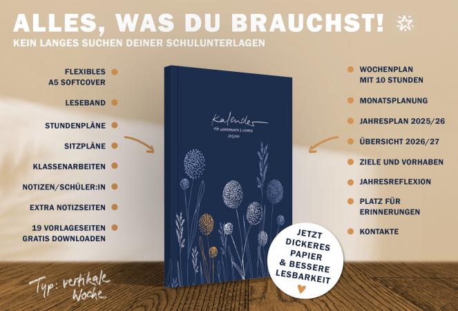 Lehrerkalender 2025 2026 grau blau orange mit Planungshelfer für Unterrichtsvorbereitung und Schuljahr Planung