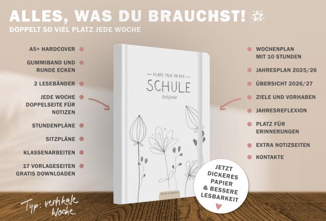 Detailansicht Wochenplanung Lehrerkalender 2025 2026 mit Jahresübersicht, Stundenpläne, Klassenliste, weiß