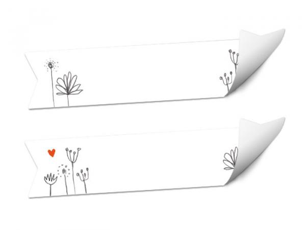 Wimpel Aufkleber zum Beschriften | für Marmelade, Hochzeit Gastgeschenke | 24 blanko Freitext Sticker | DIY Design, Weiß Grau mit Blumen | 2 Motive