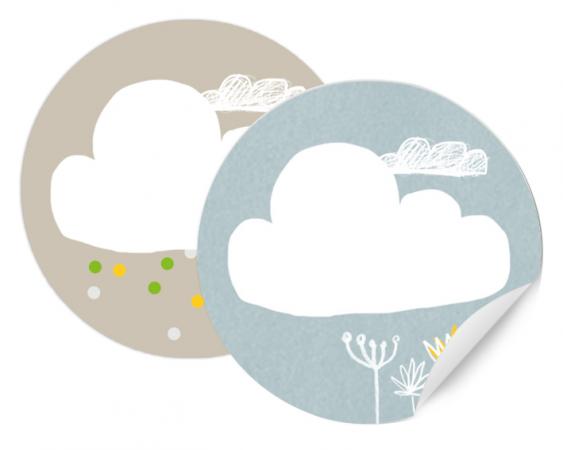 Runde Aufkleber zum Beschriften | für Kinder, Schule, Schulhefte | 24 Sticker im Retro Design, Weiß Blau Beige | mit Blumen, Wolken, Konfetti | 2 Motive