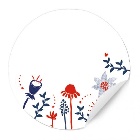 Runde Aufkleber zum Beschriften | für Marmelade, Hochzeit Gastgeschenke | 24 blanko Freitext Sticker | Blumen Design mit Wimpel, Weiß Blau Rot