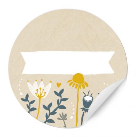 Runde Aufkleber zum Beschriften | für Marmelade, Hochzeit Gastgeschenke | 24 blanko Freitext Sticker | Blumen Design mit Wimpel, Creme Blau Weiß