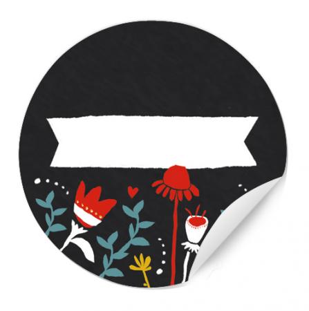 Runde Aufkleber zum Beschriften | für Marmelade, Hochzeit Gastgeschenke | 24 blanko Freitext Sticker | Blumen Design mit Wimpel, Schwarz Bunt