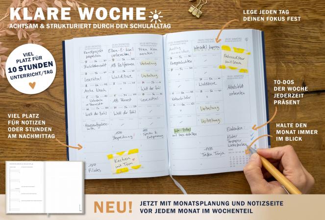 Detailansicht Wochenplanung Lehrerkalender 2025 2026 mit Jahresübersicht, Stundenpläne, Klassenliste, blau weiß orange