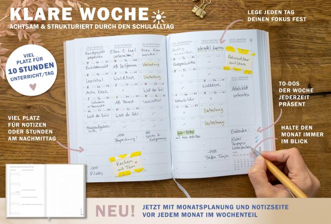 Detailansicht Wochenplanung Lehrerkalender 2025 2026 mit Jahresübersicht, Stundenpläne, Klassenliste, creme weiß rosa