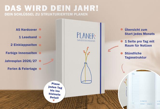 Detailansicht Monatsübersicht A5 Terminkalender 2026, creme blau rot weiß