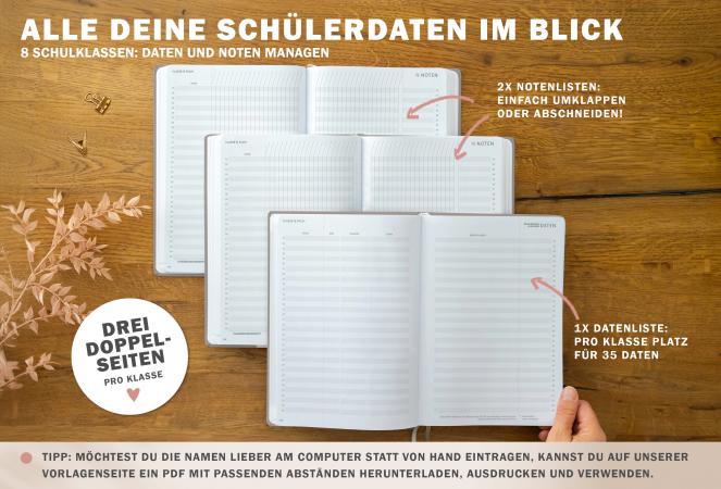 Lehrerkalender für Schuljahr 2025 2026, beige, mit Stundenplan, Klassenlisten, Kontaktlisten, Klassenarbeiten Planung, Vertretungsstunden, u.v.m.