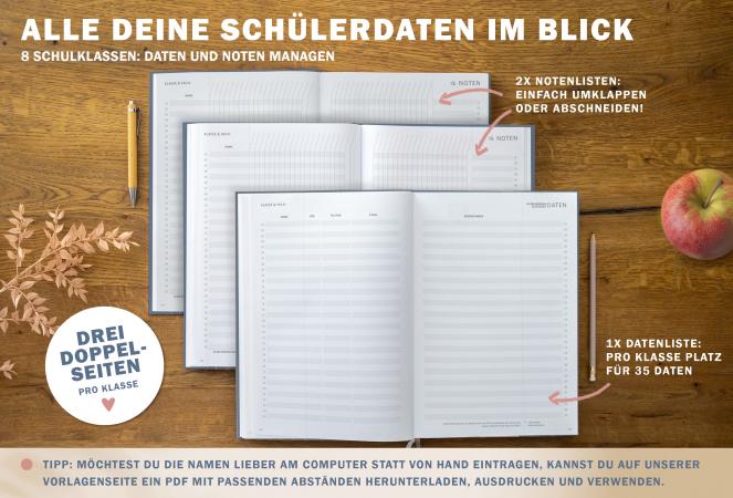 Terminkalender für Lehrerinnen & Lehrer, Schuljahr 2025 2026, mit Stundenplan, Klassenliste und Planungshelfer