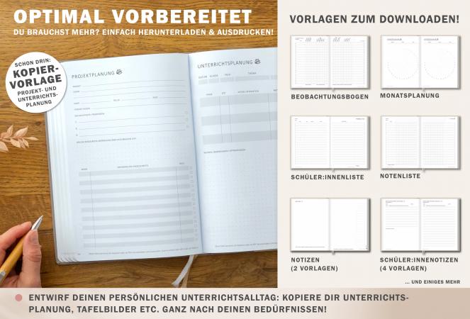 Jahresübersicht Lehrerplaner für Schuhljahr 2025 2026, Terminkalender, eine Woche zwei Seiten, grau beige