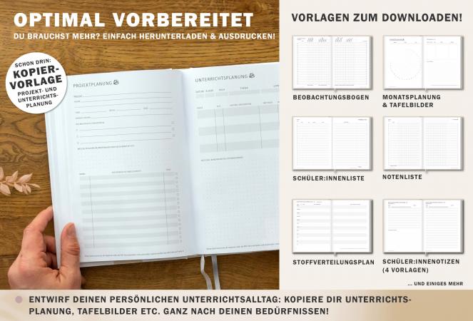 Jahresübersicht Lehrerplaner für Schuljahr 2025 2026, Terminkalender, eine Woche zwei Seiten, schwarz weiß beige