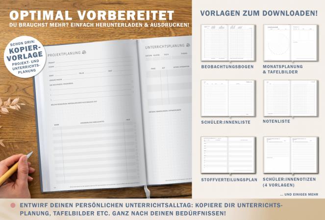 Jahresübersicht Lehrerplaner für Schuhljahr 2025 2026, Terminkalender, eine Woche zwei Seiten, grau beige