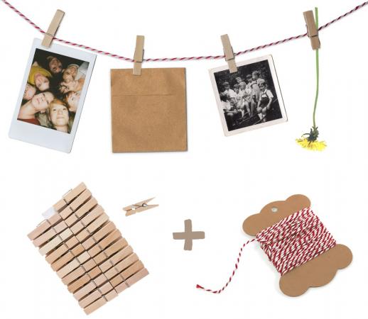 DIY Bastelset für Fotoleine, Hochzeitsspiel oder Adventskalender | mit 10 m Garn, rot weiß & 24 Klammern | für Polaroids, Postkarten & Bilder
