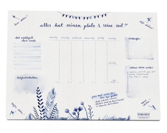 schreibtischunterlage,unterlage,notizblock,notizen,wochenplaner,terminplaner,merkzettel,blau,tusche,aquarell,batik,indigo