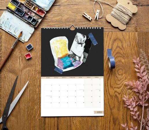 Bastelkalender 2023 schwarz weiß in A4 mit Herz-Deko inkl. Feiertage auch für Filzstifte geeignet