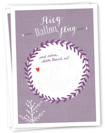 Ballonflugkarten für Hochzeit Lila Weiß im retro Design als Hochzeitsspiel für Gäste