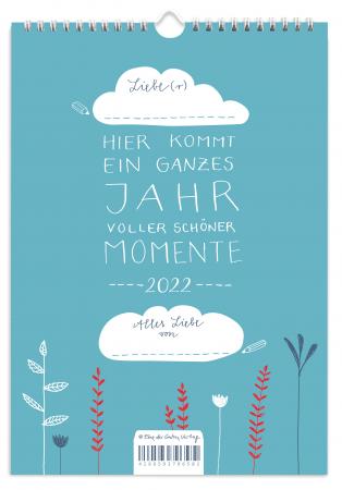 A4 Bastelkalender 2022, Fotokalender, Kreativkalender, Geburtstagskalender im DIY Design mit Blumen, Türkis Blau Weiß Rot