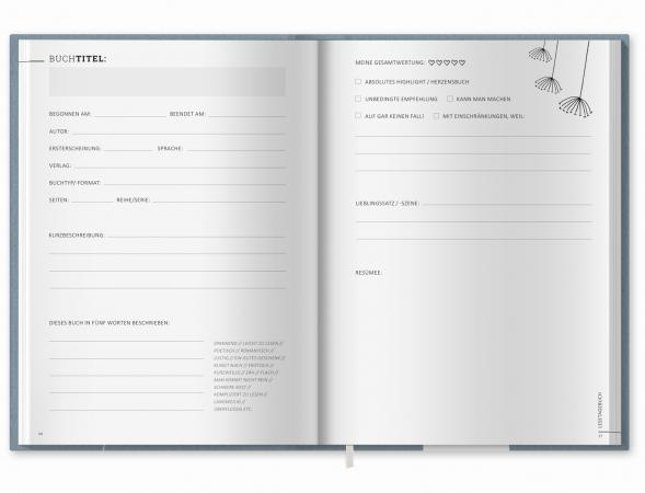 Eintragbuch Tagebuch für Bücher Rezensionen, blau weiß beige