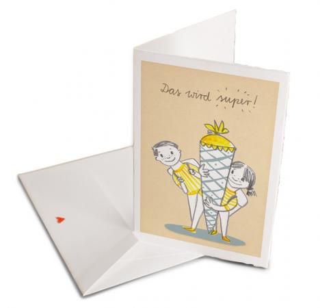 Grußkarte zur Einschulung für Mädchen und Jungen Beige