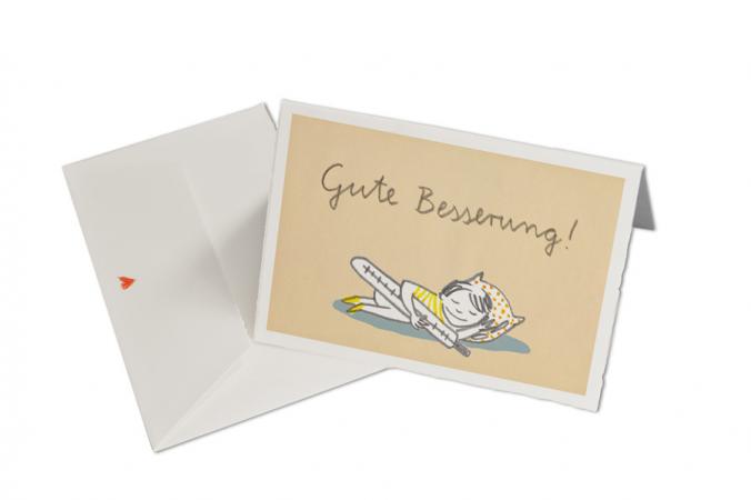 Glückwunschkarte Gute Besserung, Grußkarte für Genesungswünsche, Junge, Bütte, Klappkarte mit Herzchen Umschlag
