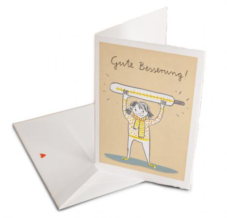 Glückwunschkarte Gute Besserung, Grußkarte für Genesungswünsche, Mädchen, Bütte, Klappkarte mit Herzchen Umschlag
