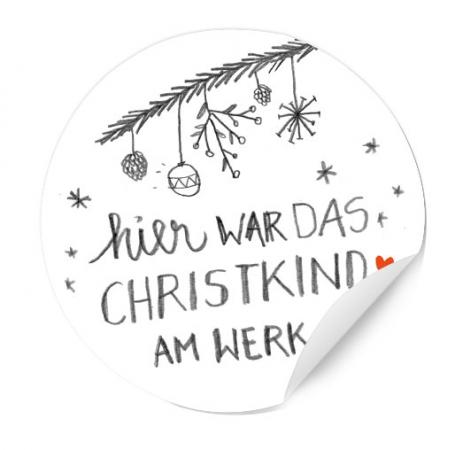 24 Weihnachtsetiketten: Christkind am Werk, Aufkleber zu Weihnachten, rund 4cm - Weiß Grau Rot