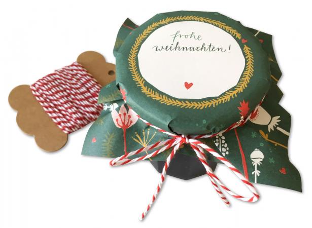 25 Marmeladendeckchen - Frohe Weihnachten! | Gläserdeckchen Grün mit Blumen für Marmelade | Recyclingpapier Abreißblock, 10 m Bakers Twine, Justiergummi
