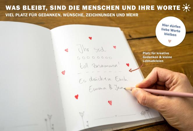 Gästebuch Creme Beige, Hardcover mit blanko Seiten, Handlettering Design Blumen für Hochzeit