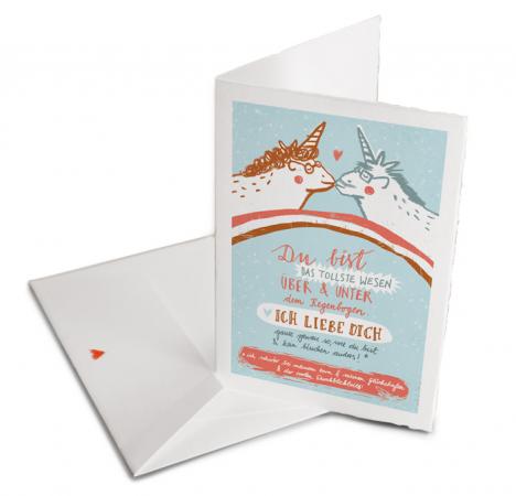 Valentinskarte mit liebenden Einhörnern - Du bist das tollste Wesen - zum Valentinstag oder als Grußkarte in Hellblau, Klappkarte Büttenpapier + Umschlag