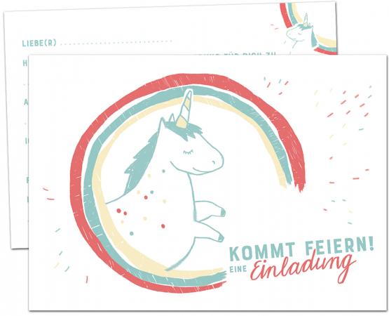 Einladungskarten Kindergeburtstag Einhorn | 12 Geburtstagseinladungen für Mädchen | Postkarten für Geburtstag & Einschulung | Einhörner Design, Weiß Rosa Türkis