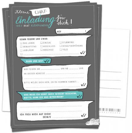 Einladungskarten - Kleine Chat Einladung! | Grau Weiß Türkis | 100% analoge Postkarten Einladungen für Geburtstag, Party, Einzug, Abschluss, Abschied