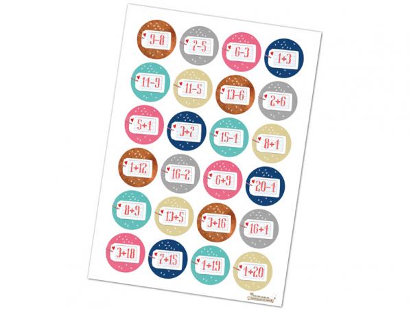 Adventskalenderzahlen mit Rechen-Aufgaben für Kinder selbstklebend zum Adventskalender Basteln, bunt