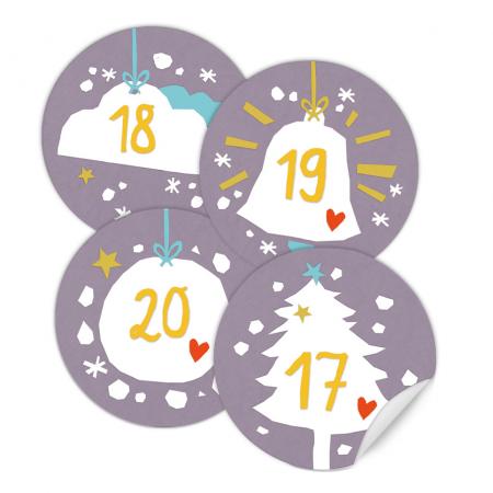 Schöne Adventskalenderzahlen Etiketten zum Adventskalender basteln in Lila Weiß Gelb