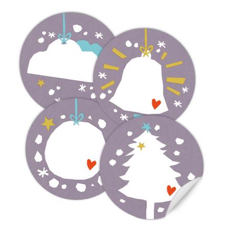 Lila Weihnachtssticker Mix, 4 Weihnachtsdeko Motive im Vintage Collage Design