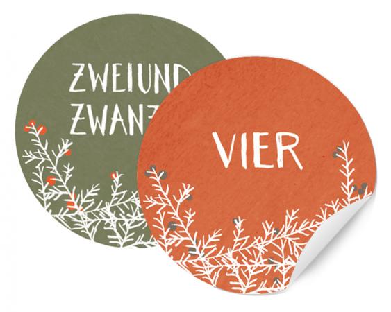 24 Adventskalenderzahlen mit Tannenzweigen, Sticker Mix zum Adventskalender basteln, klassisch Rot Grün, selbstklebend, rund, 40 mm