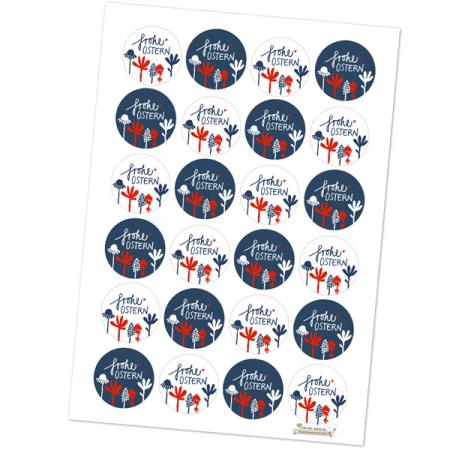 24 gemischte Blumen Ostersticker Frohe Ostern im Vintage Design, Blau Weiß Rot