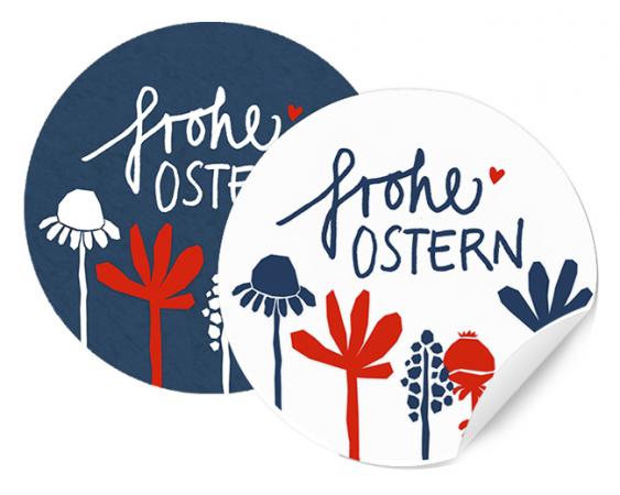 24 gemischte Ostersticker Frohe Ostern mit Blumen, 2 Motive in Blau Weiß Rot