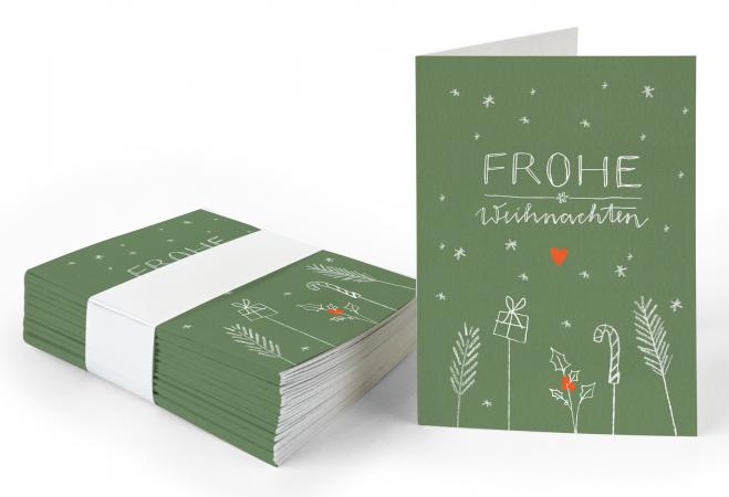25 Geschenkanhänger frohe Weihnachten Grün Weiß Rot | originelle mini Weihnachtskarten zum Weihnachtsgeschenke Beschriften | A7 Recyclingpapier Klappkarten