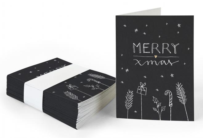 25 Geschenkanhänger merry xmas - Schwarz Weiß | originelle mini Weihnachtskarten zum Weihnachtsgeschenke Beschriften | A7 Recyclingpapier Klappkarten