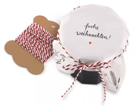 25 Marmeladendeckchen - Frohe Weihnachten! Abreißblock, Weiß, Kalligrafie, Gläserdeckchen Marmelade, Recyclingpapier + 10m Bakers Twine & Justiergummi